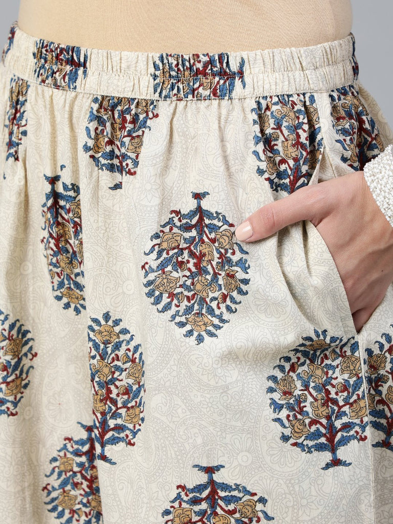 Women's Maroon & Cream Printed Straight Kurta Plazzo with Printed Dupatta