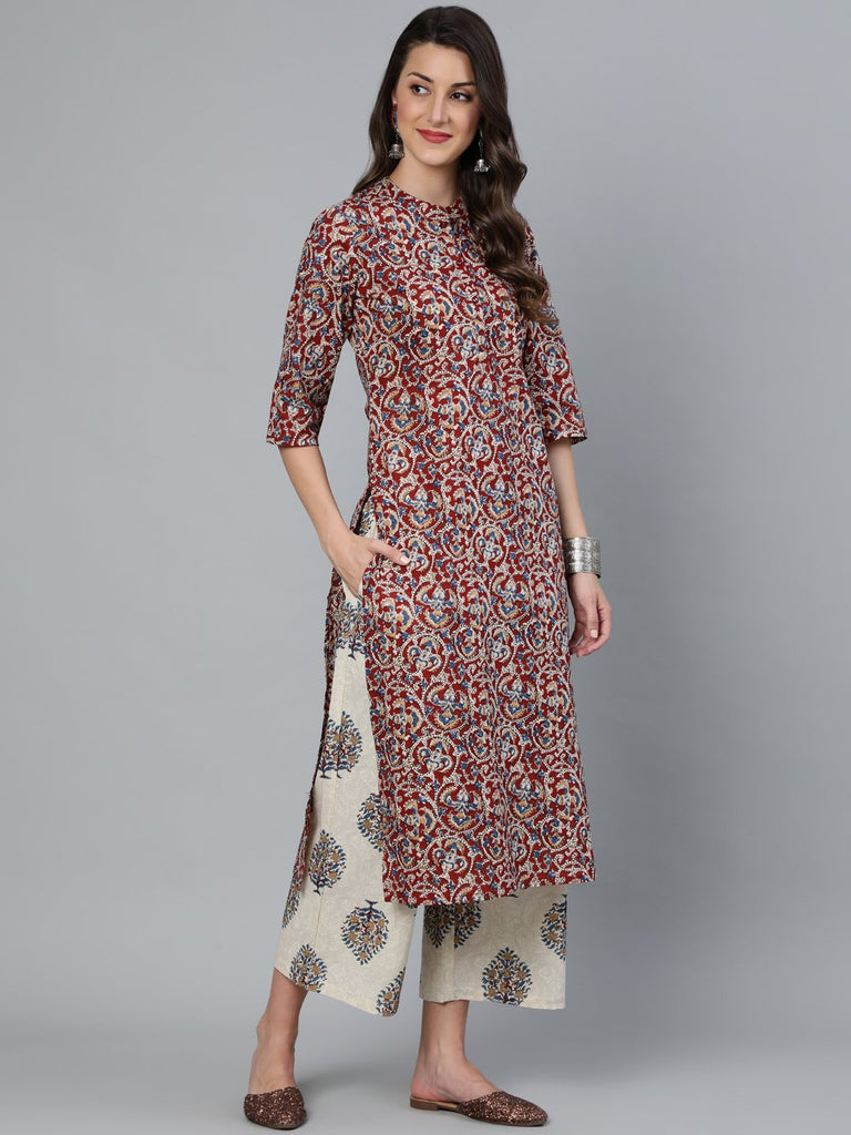Women's Maroon & Cream Printed Straight Kurta Plazzo with Printed Dupatta