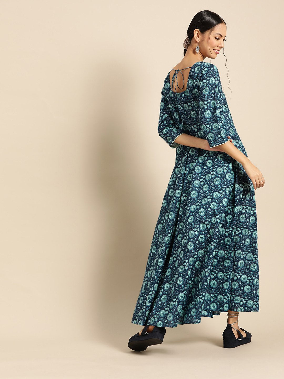 Women's Indigo Floral Printed Flared Dress With Round Neck & Three Quarters Sleeves - Nayo Clothing