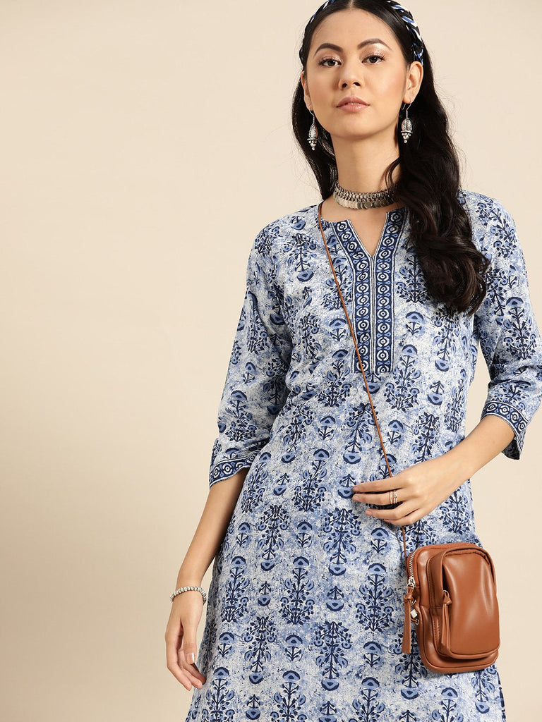 Women's White & Indigo Three-Quarter Sleeves Straight Kurta With Palazzo