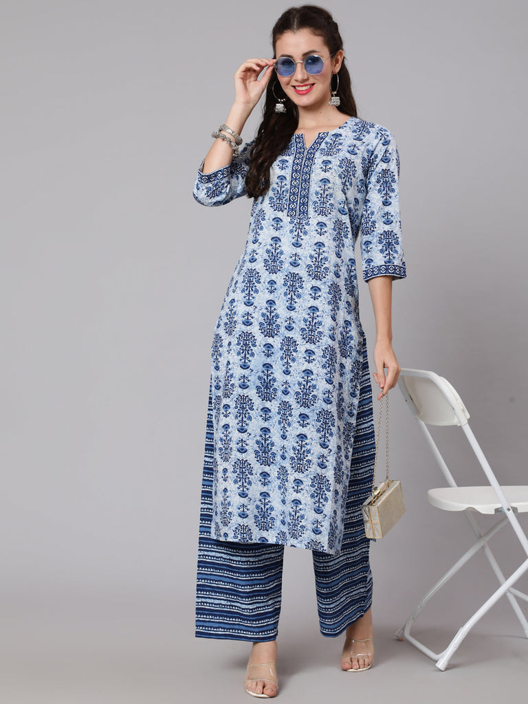 Women's White & Indigo Three-Quarter Sleeves Straight Kurta With Palazzo