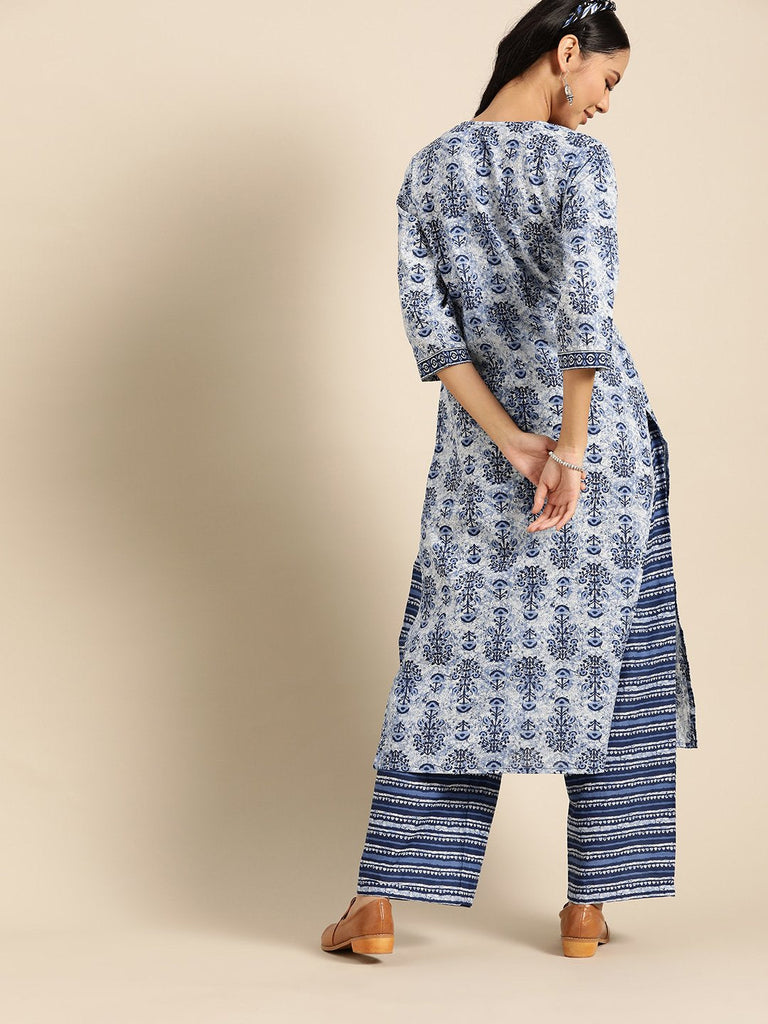 Women's White & Indigo Three-Quarter Sleeves Straight Kurta With Palazzo