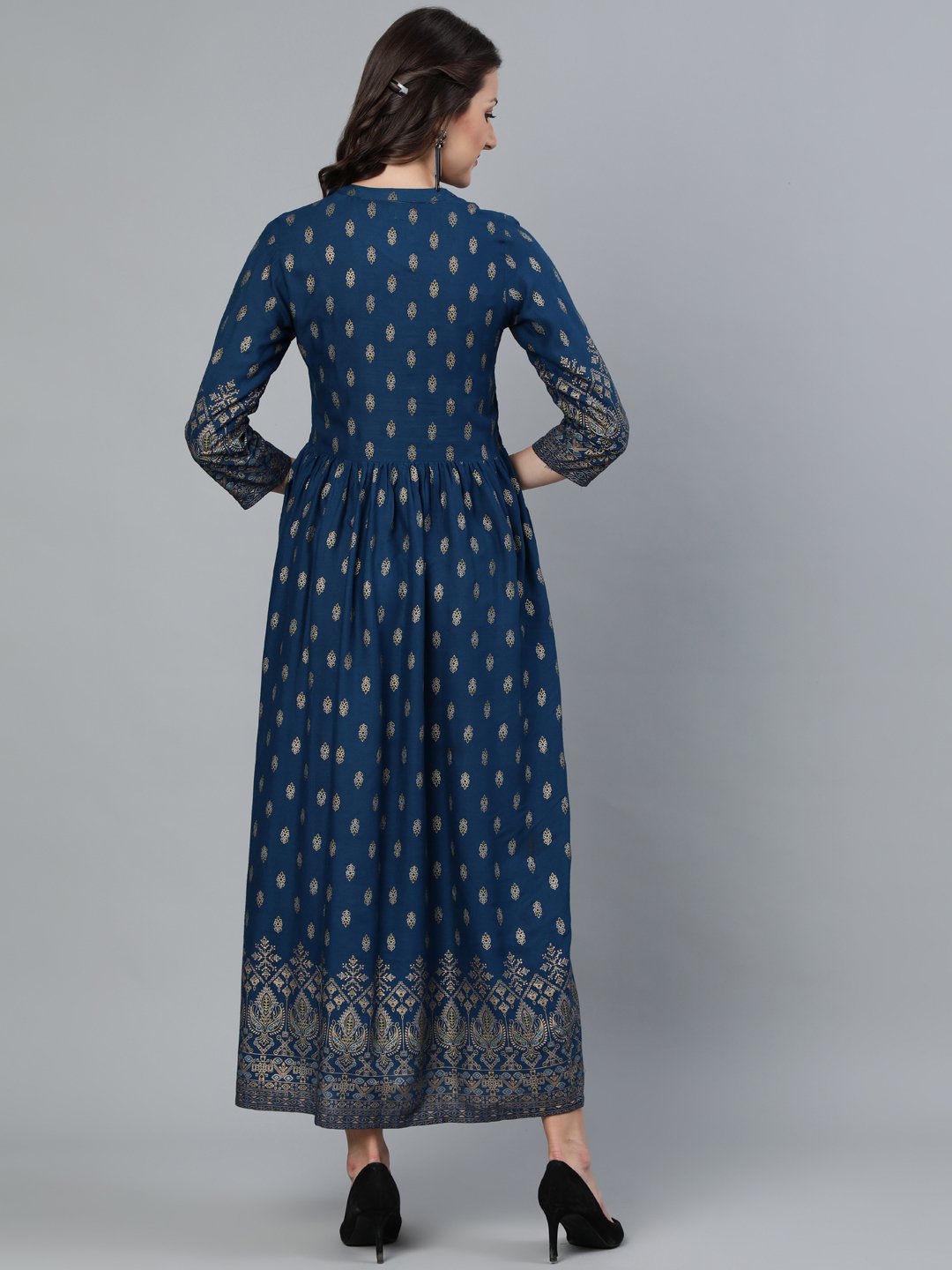Women's Teal Blue Printed Maxi Dress With Three Quarter Sleeves - Nayo Clothing