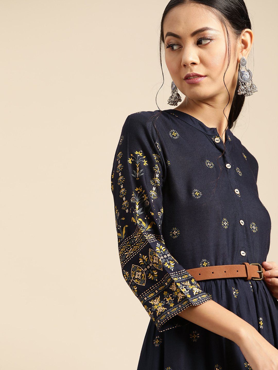 Women's Navy Blue & Gold Ethinic Printed Dress With Mandarin Collar & Three Quarter Sleeves - Nayo Clothing