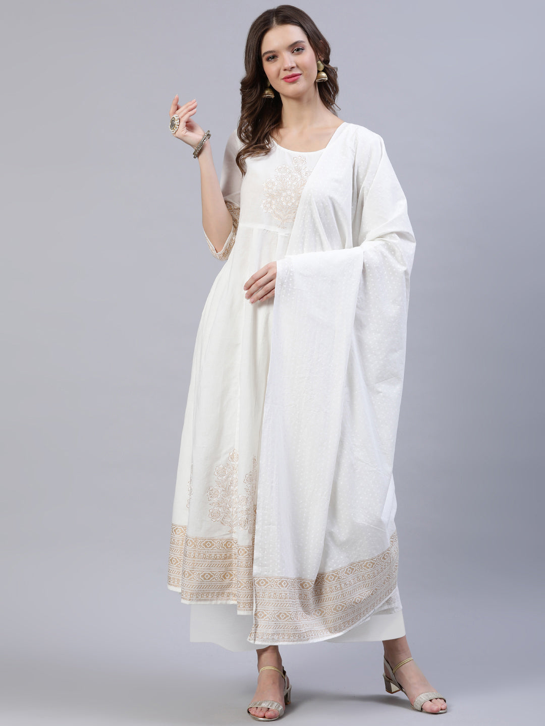 Women's Off-White Block Printed Anarkali Kurta With Palazo & Dupatta - Nayo Clothing