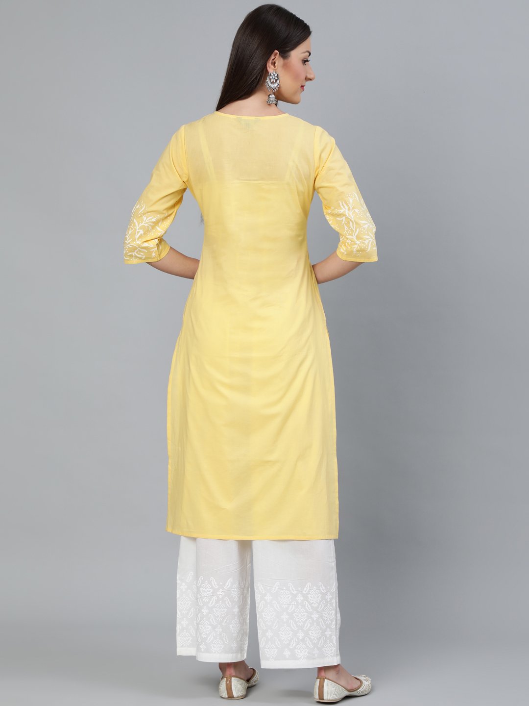 Women's Yellow Block Printed Straight Kurta With Off White Plazo - Nayo Clothing