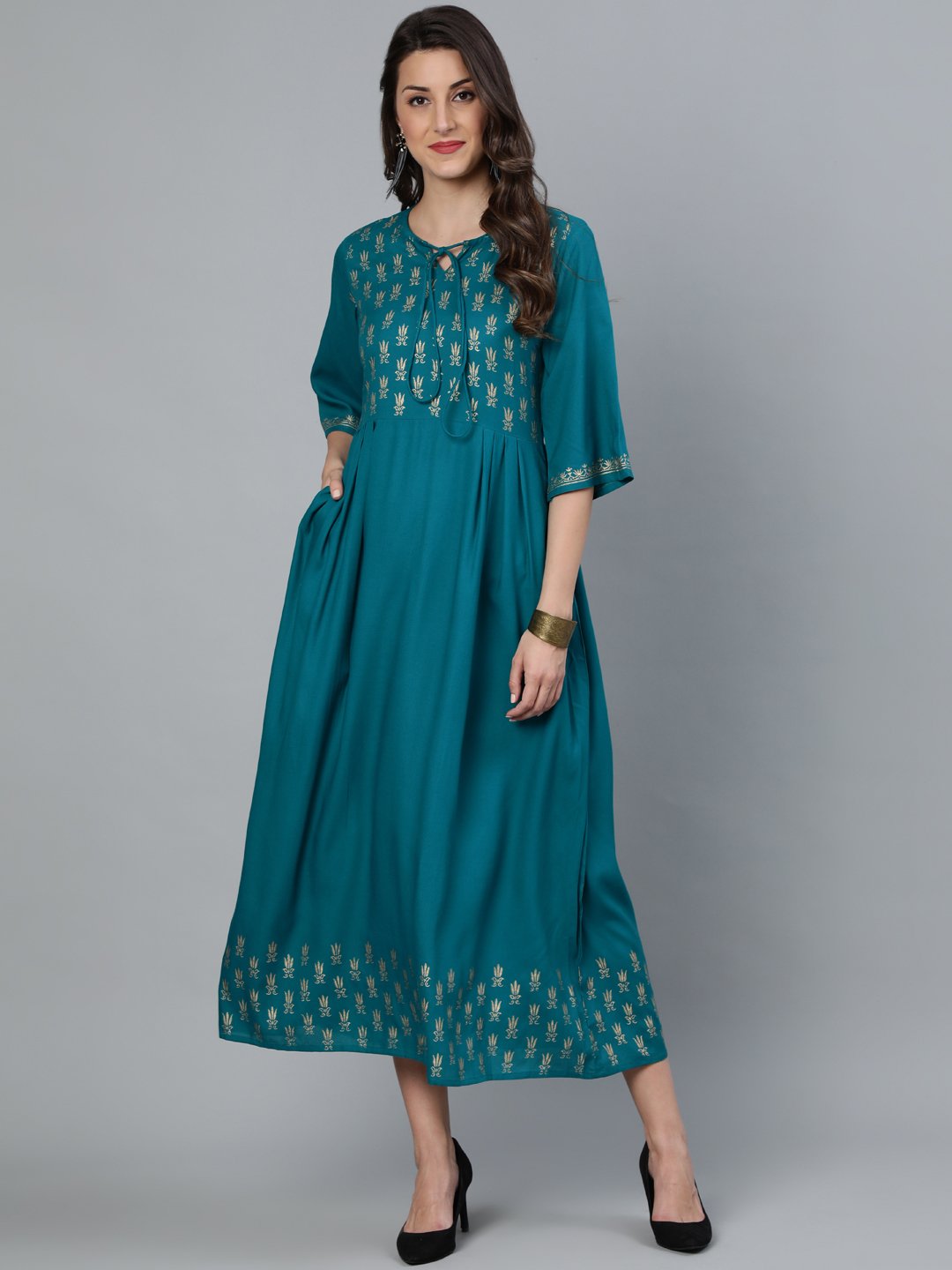 Women's Green & Gold Block Printed Dress With Three Quarter Sleeves - Nayo Clothing