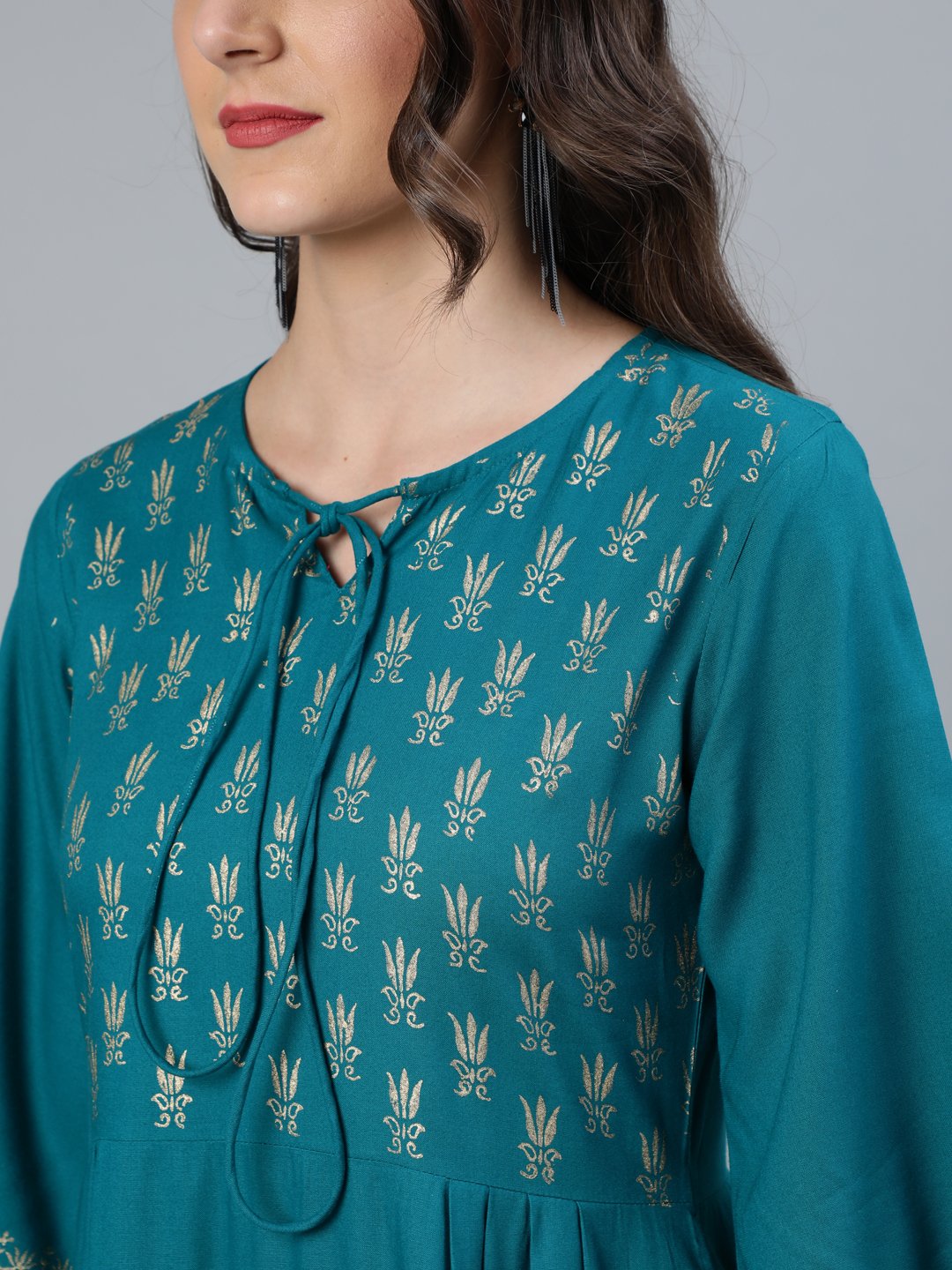 Women's Green & Gold Block Printed Dress With Three Quarter Sleeves - Nayo Clothing