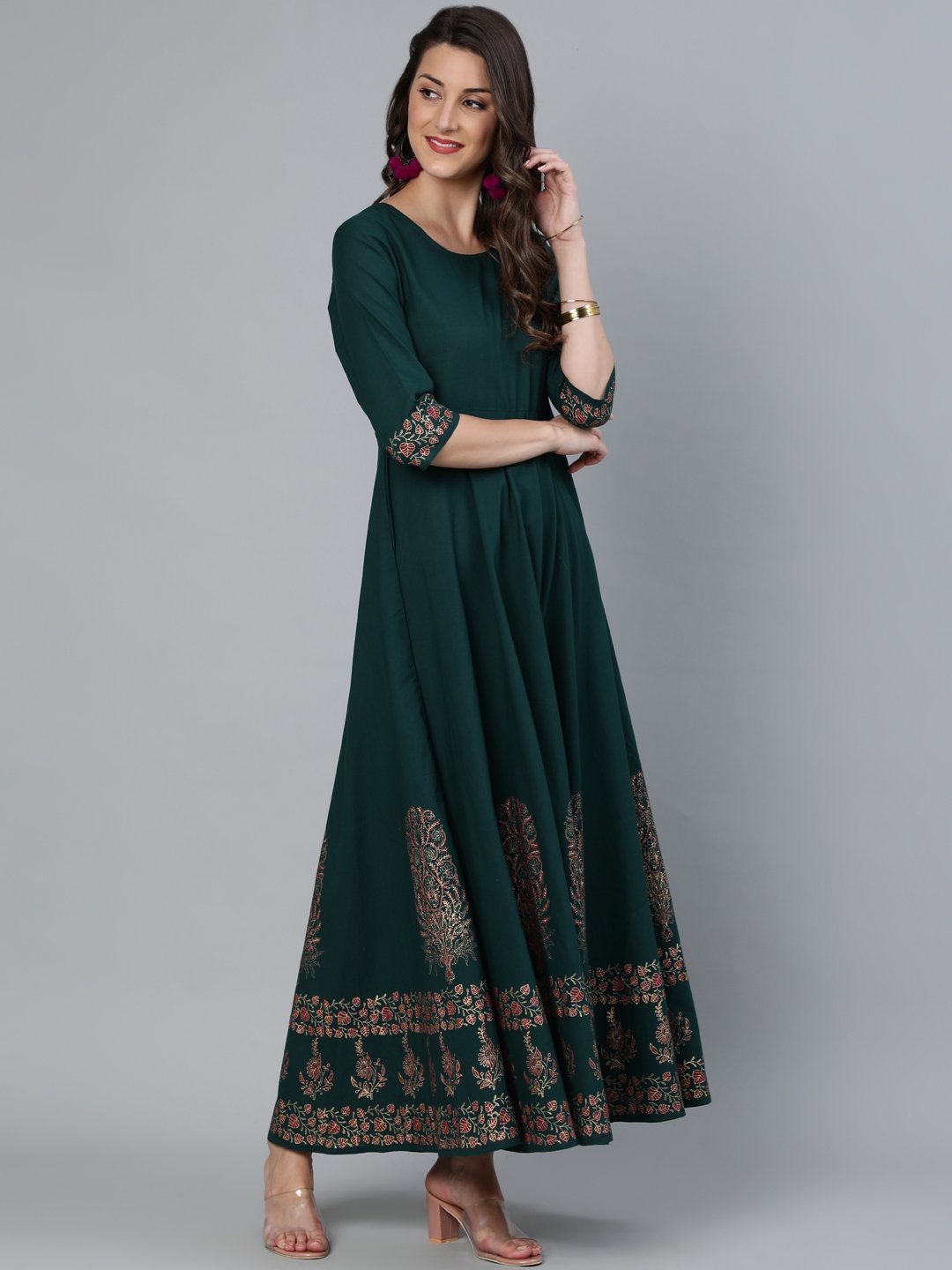 Women's Green & Gold Block Printed Maxi Dress With Three Quarter Sleeves - Nayo Clothing