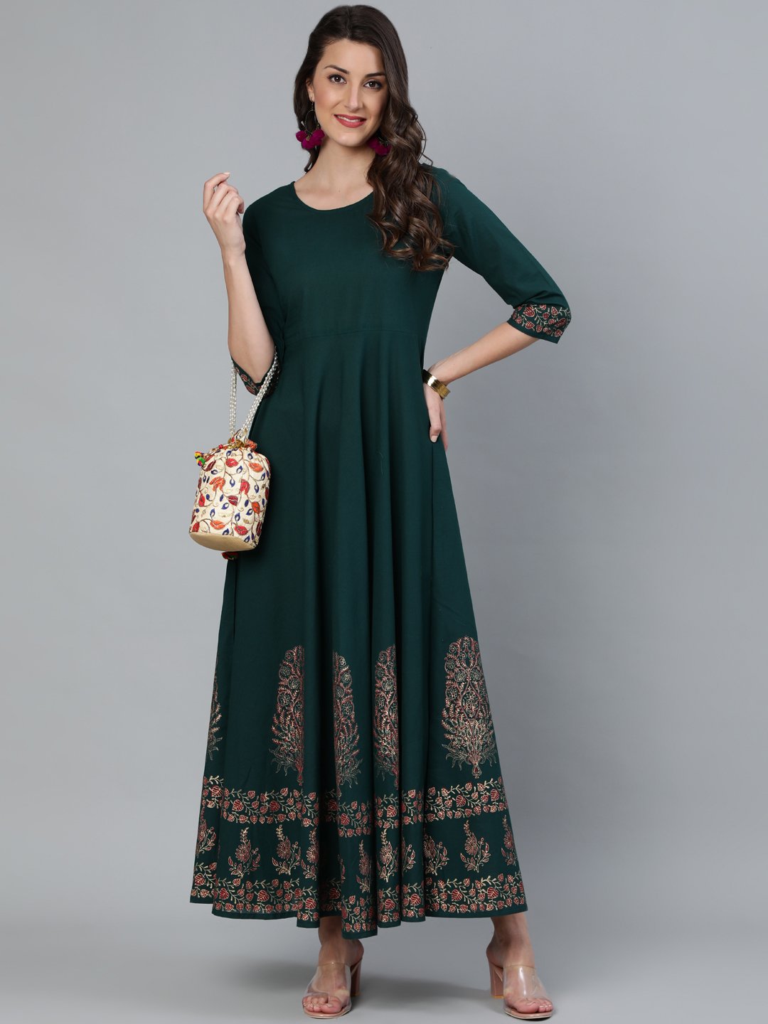 Women's Green & Gold Block Printed Maxi Dress With Three Quarter Sleeves - Nayo Clothing