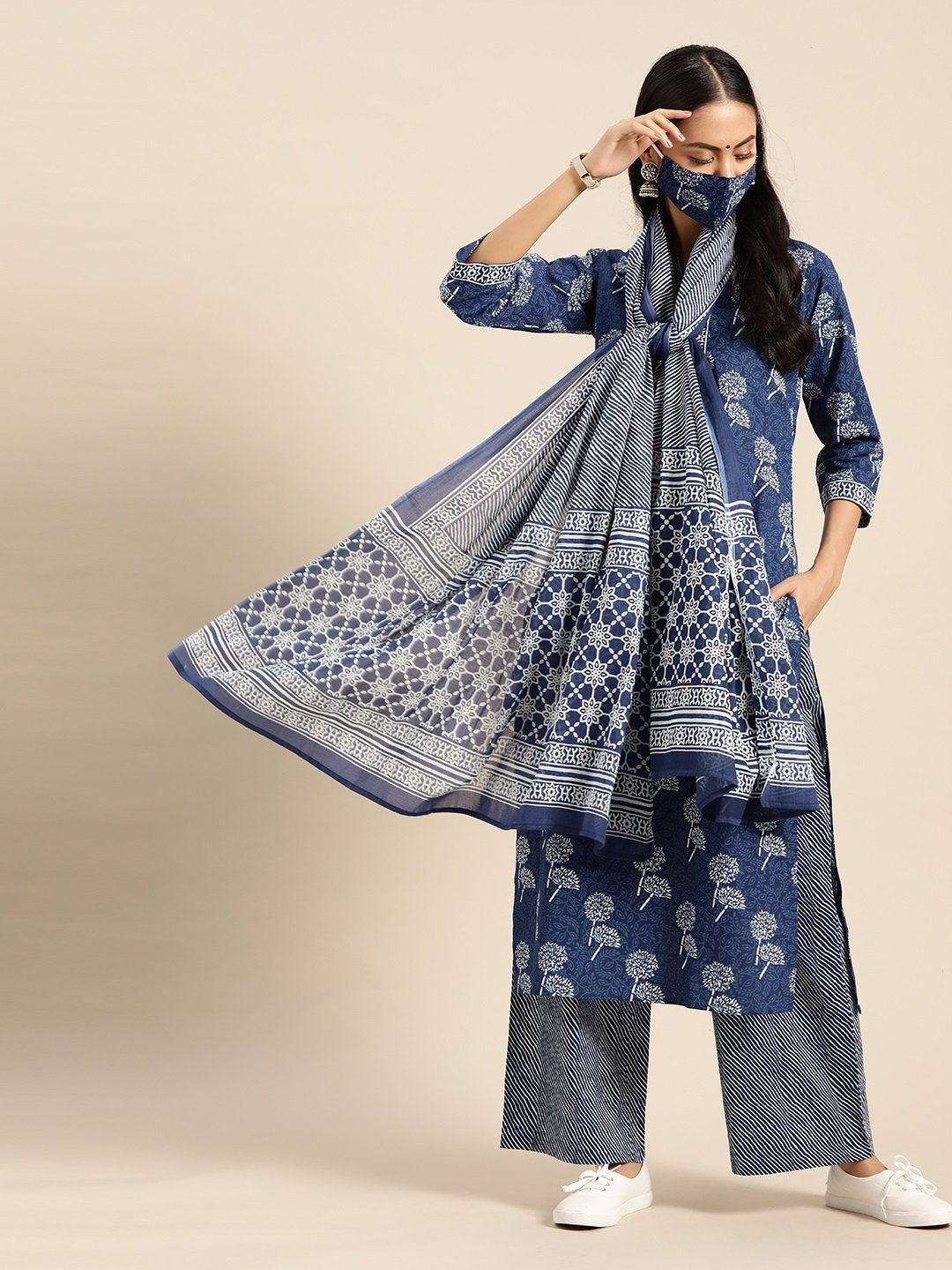 Women's Indigo Three-Quarter Sleeves Straight Kurta With Palazzo & Striped Dupatta - Nayo Clothing
