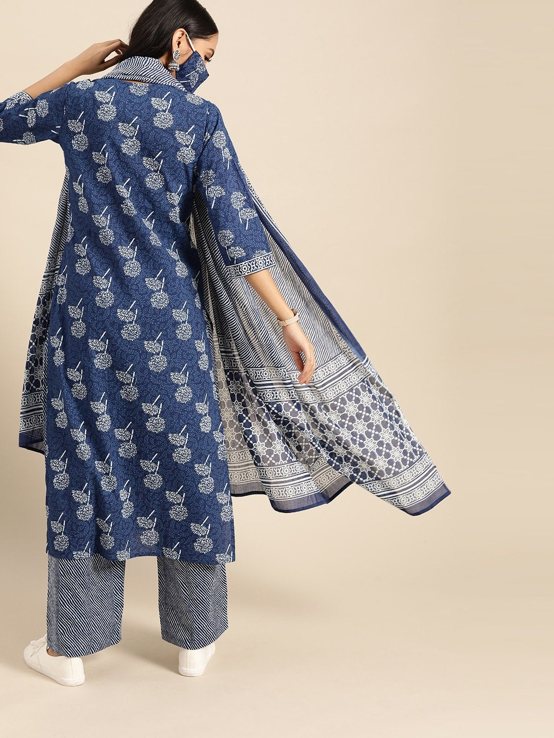 Women's Indigo Three-Quarter Sleeves Straight Kurta With Palazzo & Striped Dupatta - Nayo Clothing