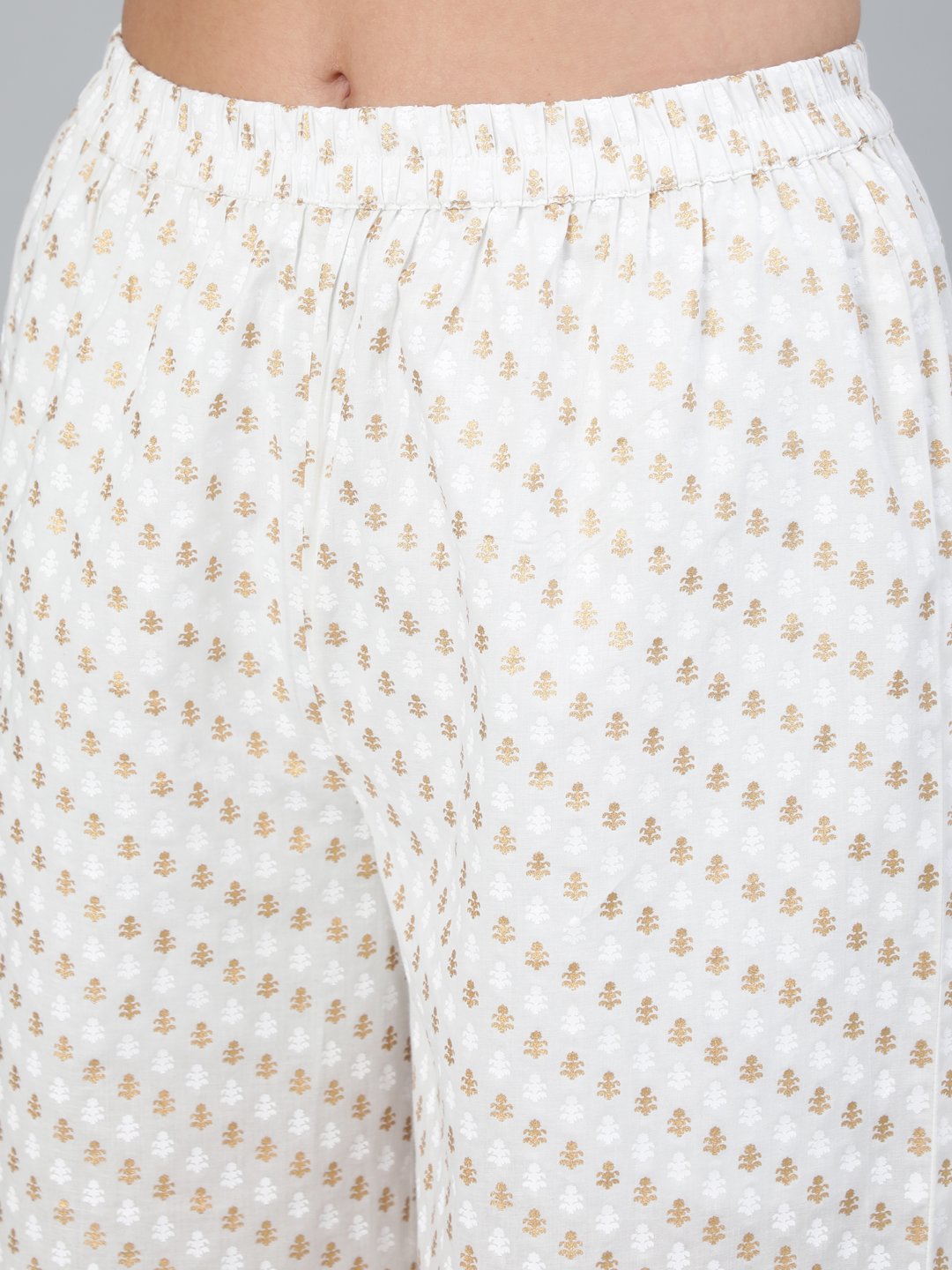 Women's Off-White & Gold Printed A-Line  Kurta With Plazzo & Dupatta - Nayo Clothing