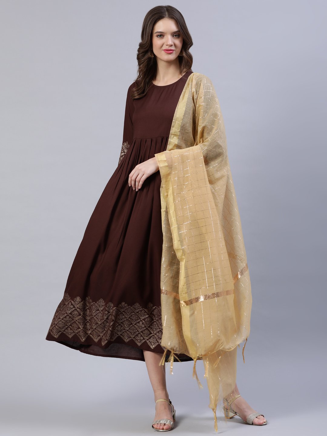 Women's Brown Block Printed Dress With Chanderi Dupatta - Nayo Clothing