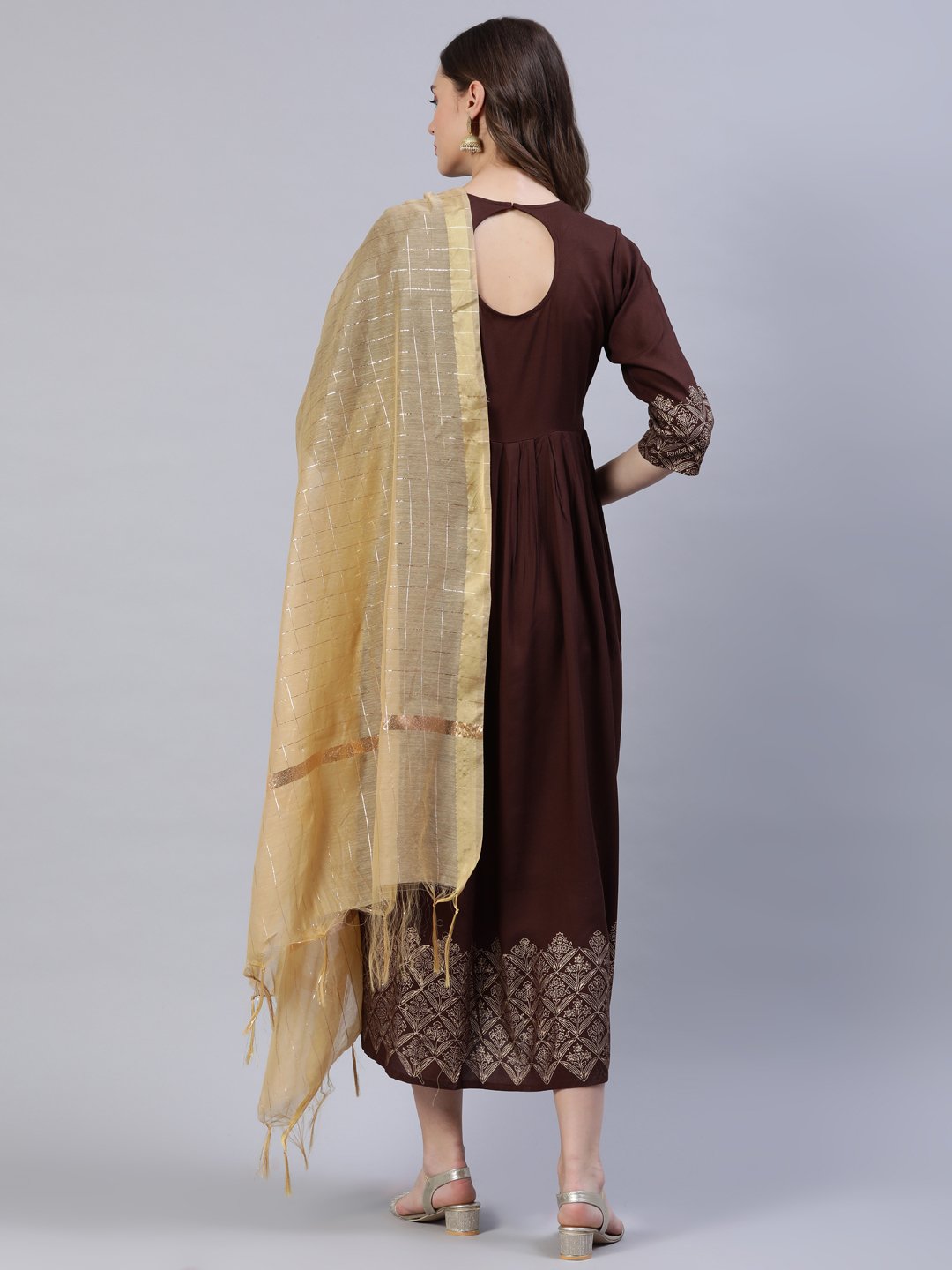 Women's Brown Block Printed Dress With Chanderi Dupatta - Nayo Clothing