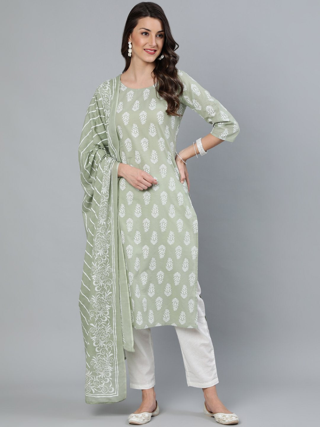 Women's Sage Green & Off-White Printed Straight Kurta With Plazzo  & Dupatta - Nayo Clothing