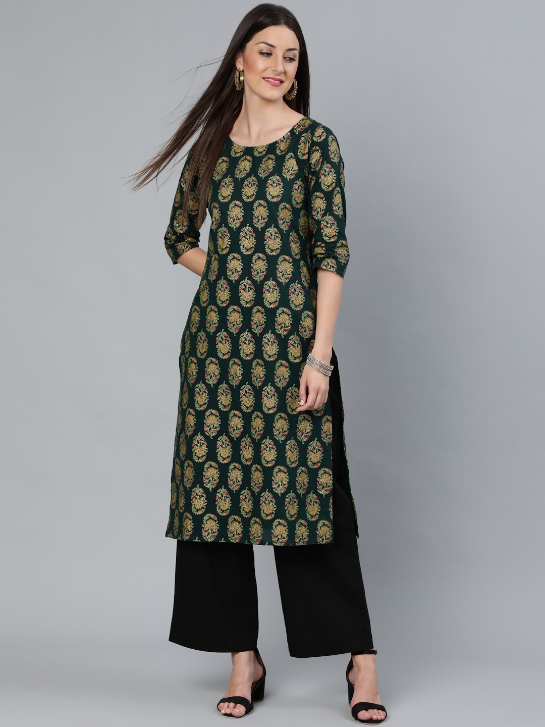 Women's Dark Green & Gold Printed Straight Kurta With Round Neck & Three Qauter Sleeves - Nayo Clothing