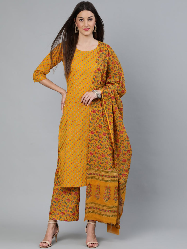 Women's Mustard & Gold Printed Straight Kurta With Plazzo  & Dupatta