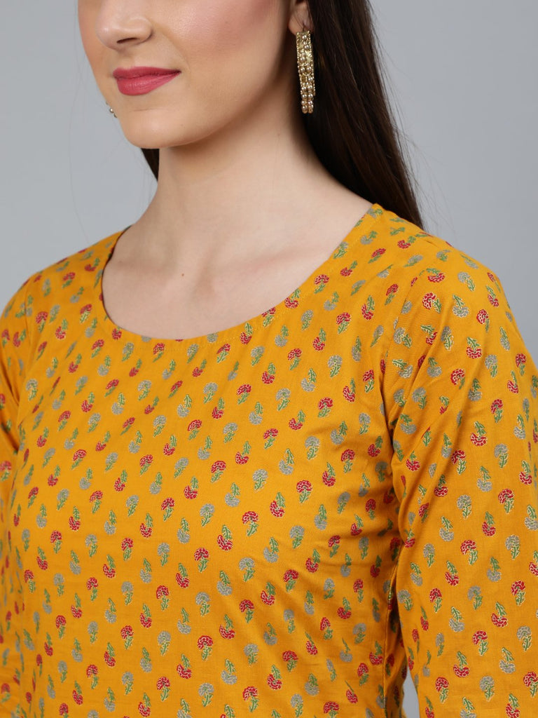 Women's Mustard & Gold Printed Straight Kurta With Plazzo  & Dupatta