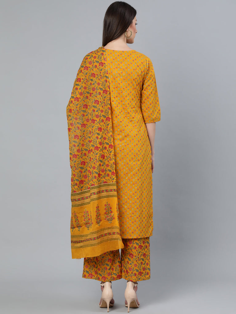 Women's Mustard & Gold Printed Straight Kurta With Plazzo  & Dupatta