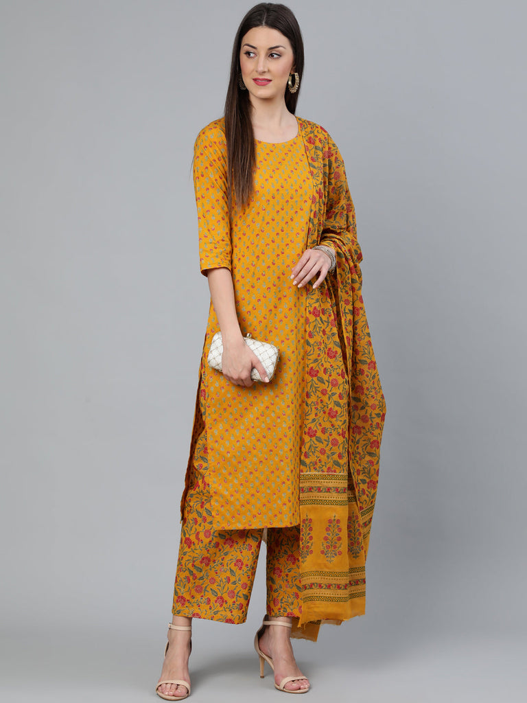 Women's Mustard & Gold Printed Straight Kurta With Plazzo  & Dupatta