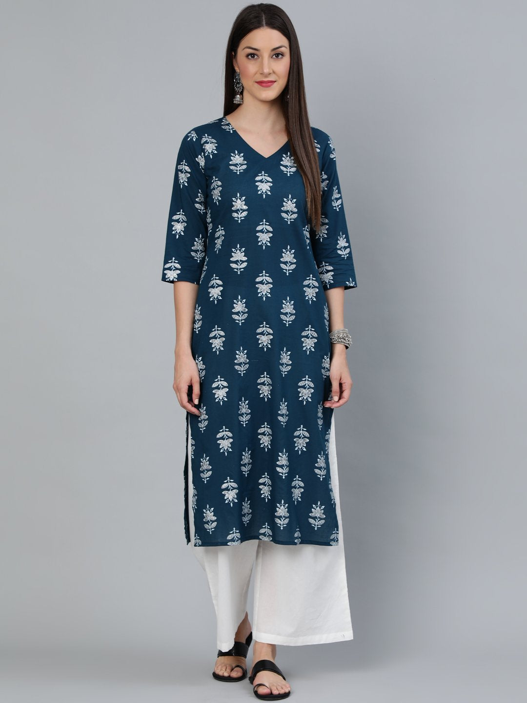 Women's Teal Blue & Silver Printed Straight Kurta With Three Quarters Sleeves - Nayo Clothing