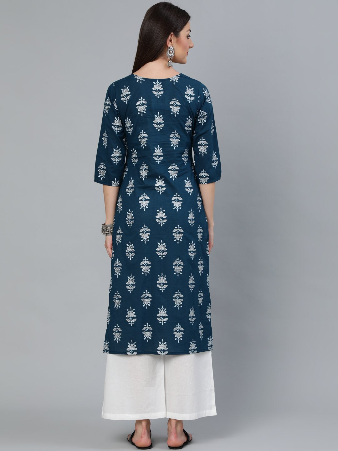 Women's Teal Blue & Silver Printed Straight Kurta With Three Quarters Sleeves - Nayo Clothing
