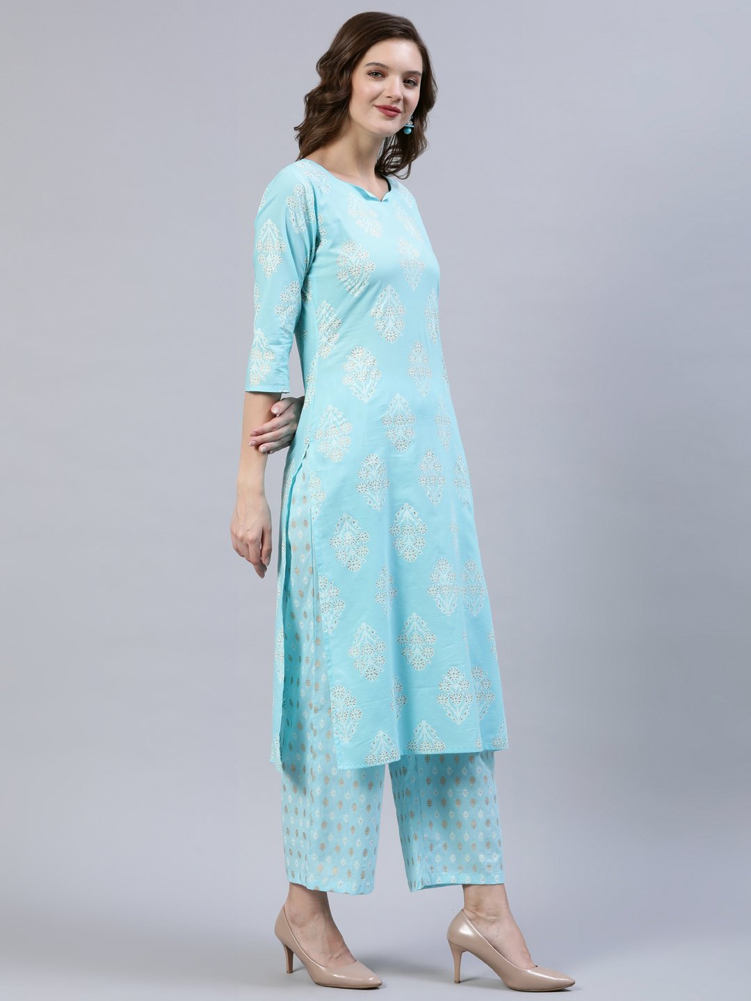 Women's Pastel Blue & Gold Printed Straight Kurta With Trouser  & Dupatta - Nayo Clothing