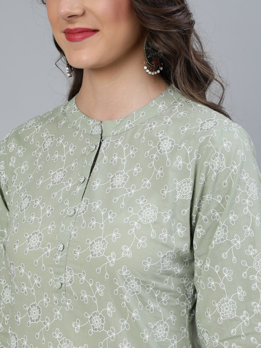 Women's Sage Green & Silver Floral Printed Straight Kurta With Plazo & Dupatta - Nayo Clothing