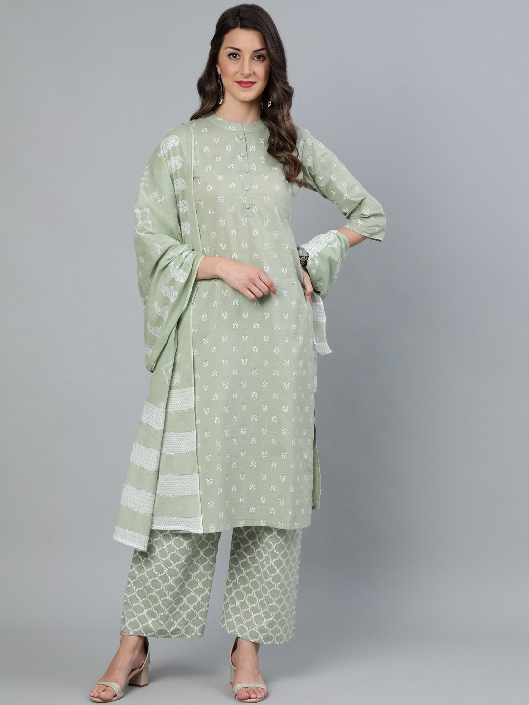 Women's Sage Green & Silver Printed Straight Kurta With Plazo & Dupatta - Nayo Clothing