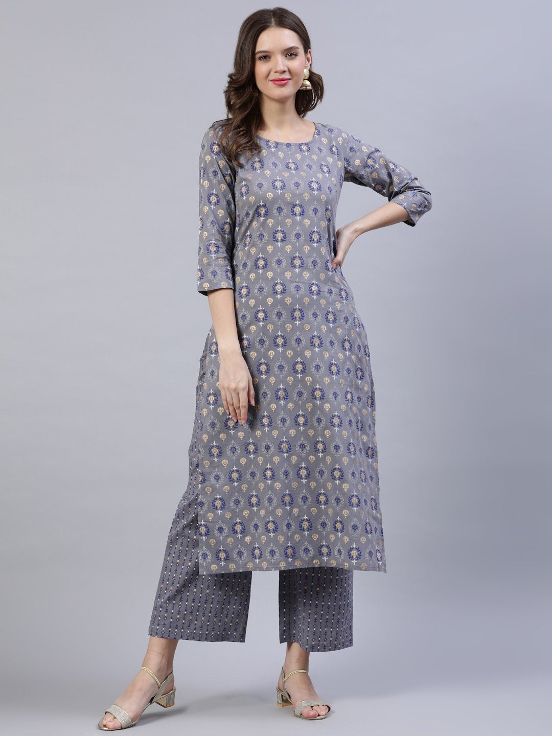 Women's Grey Printed Straight Kurta With Plazo - Nayo Clothing