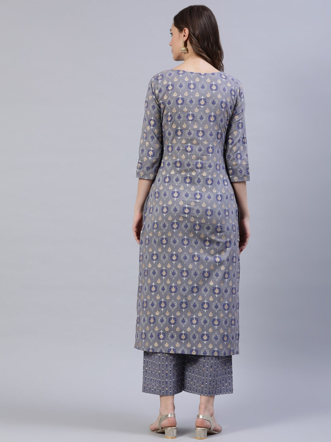 Women's Grey Printed Straight Kurta With Plazo - Nayo Clothing