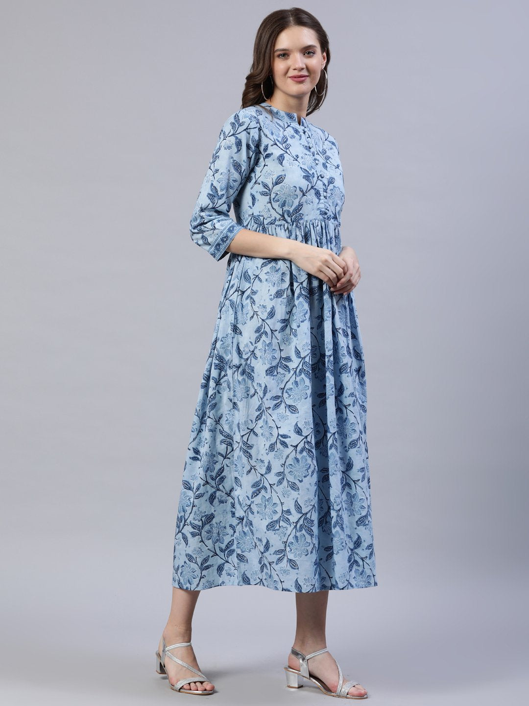 Women's Blue Floral Printed Dress With Three Quarter Sleeves - Nayo Clothing