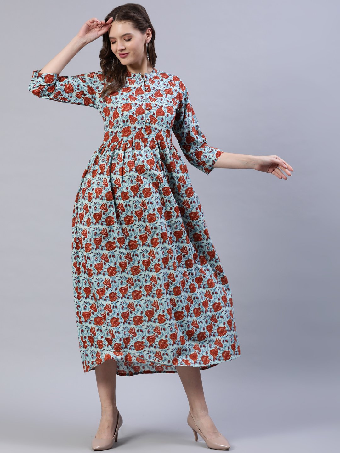 Women's Blue & Rust Floral Printed Dress With Three Quarter Sleeves - Nayo Clothing