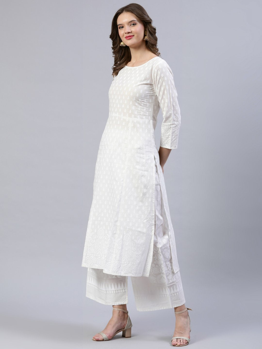 Women's Off-White Printed A- Line Kurta With Palazo & Dupatta - Nayo Clothing