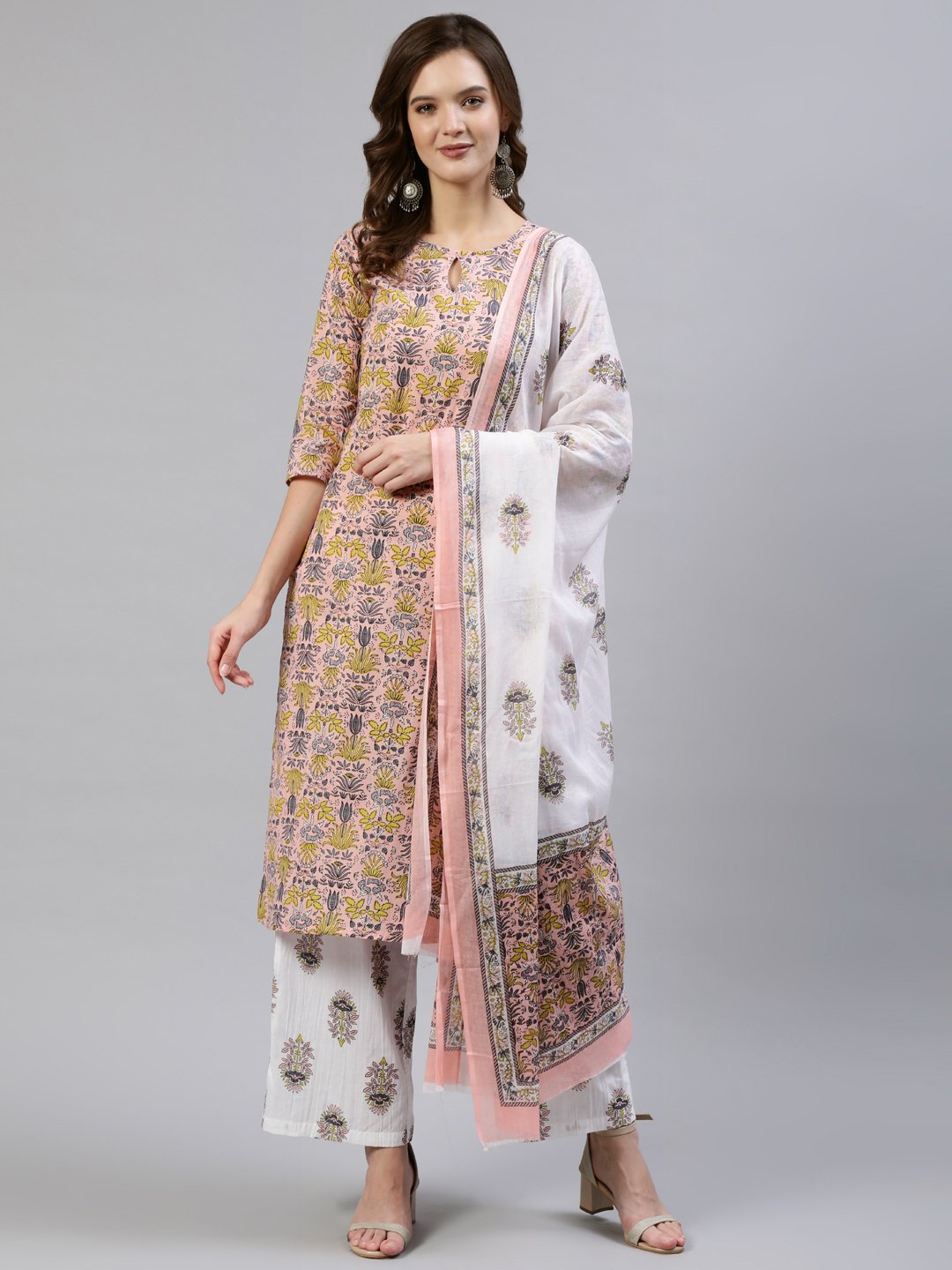 Women's Peach Floral Printed Flared Kurta With Trouser & Dupatta - Nayo Clothing