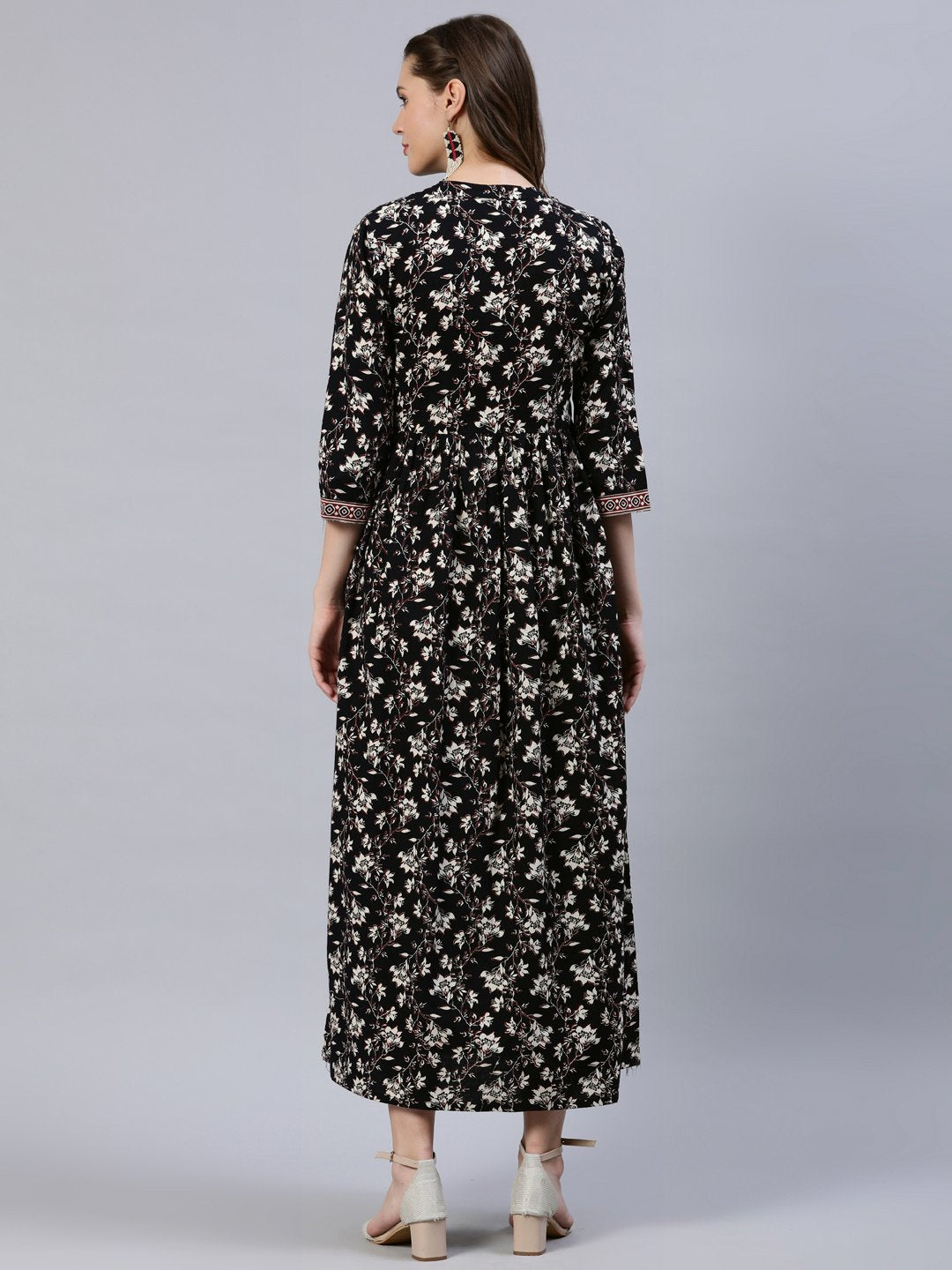 Women's Black Floral Printed Dress With Three Quarter Sleeves - Nayo Clothing
