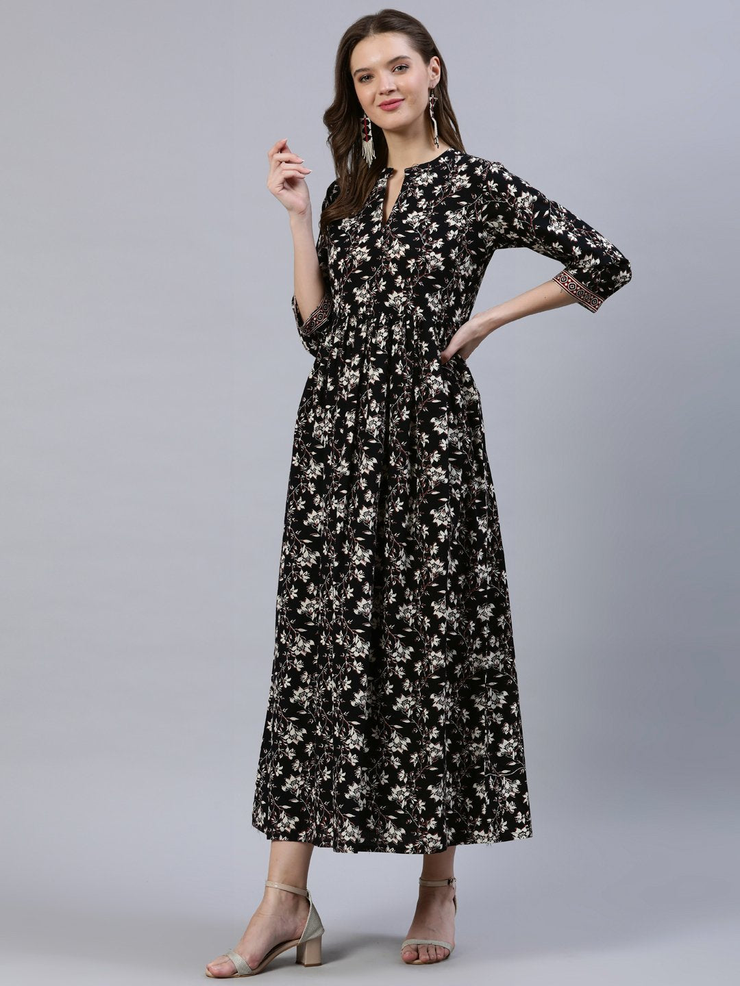 Women's Black Floral Printed Dress With Three Quarter Sleeves - Nayo Clothing