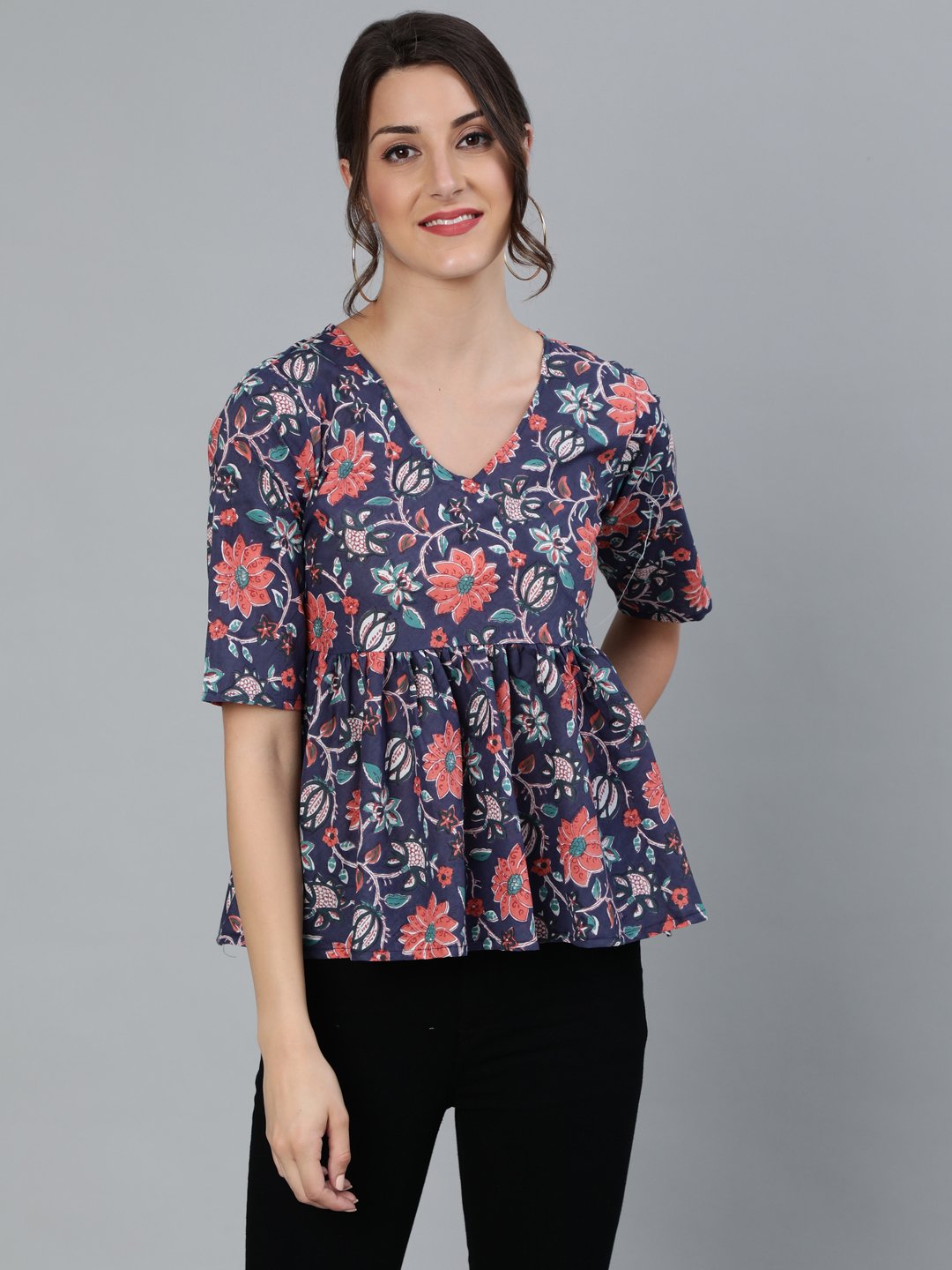 Women's Blue Printed Top With V Neck & Three Quarter Sleeves - Nayo Clothing