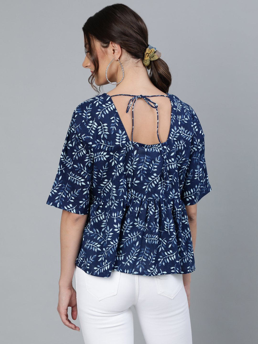Women's Indigo Blue Printed Top With V Neck & Three Quarter Sleeves - Nayo Clothing