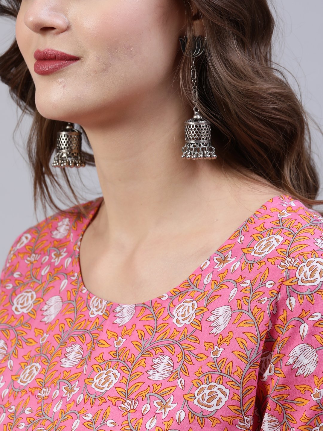 Women's Pink Floral Printed Anarkali Kurta With Palazo & Dupatta - Nayo Clothing