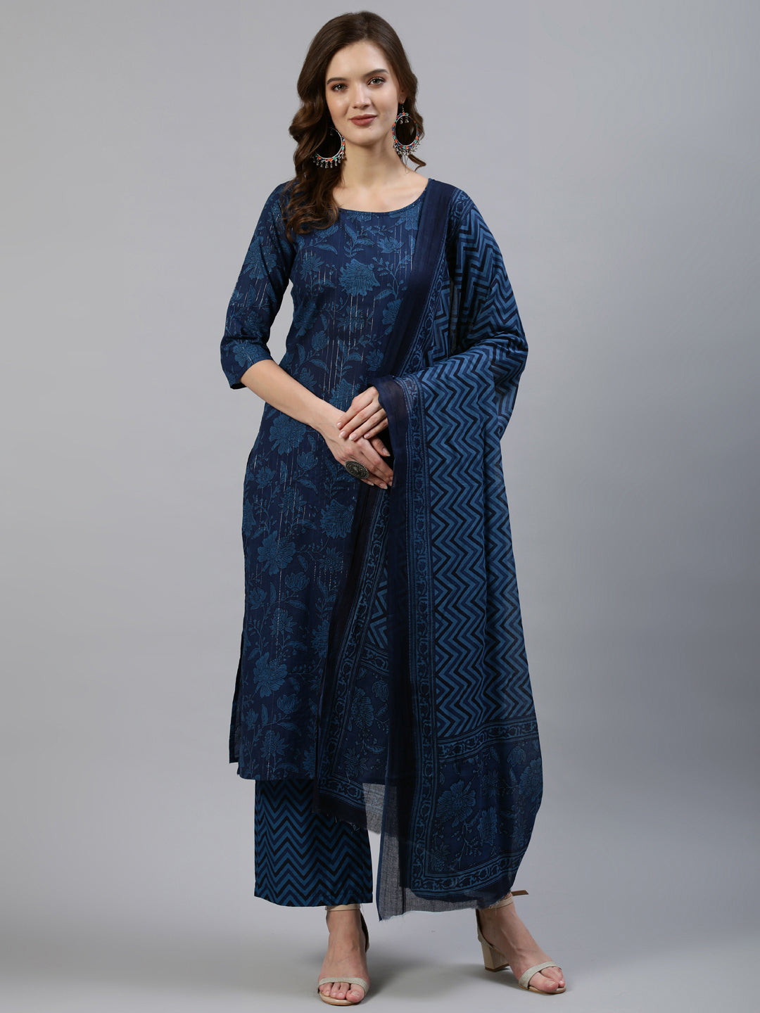 Women's Indigo Floral Printed Straight  Kurta With Palazo & Dupatta