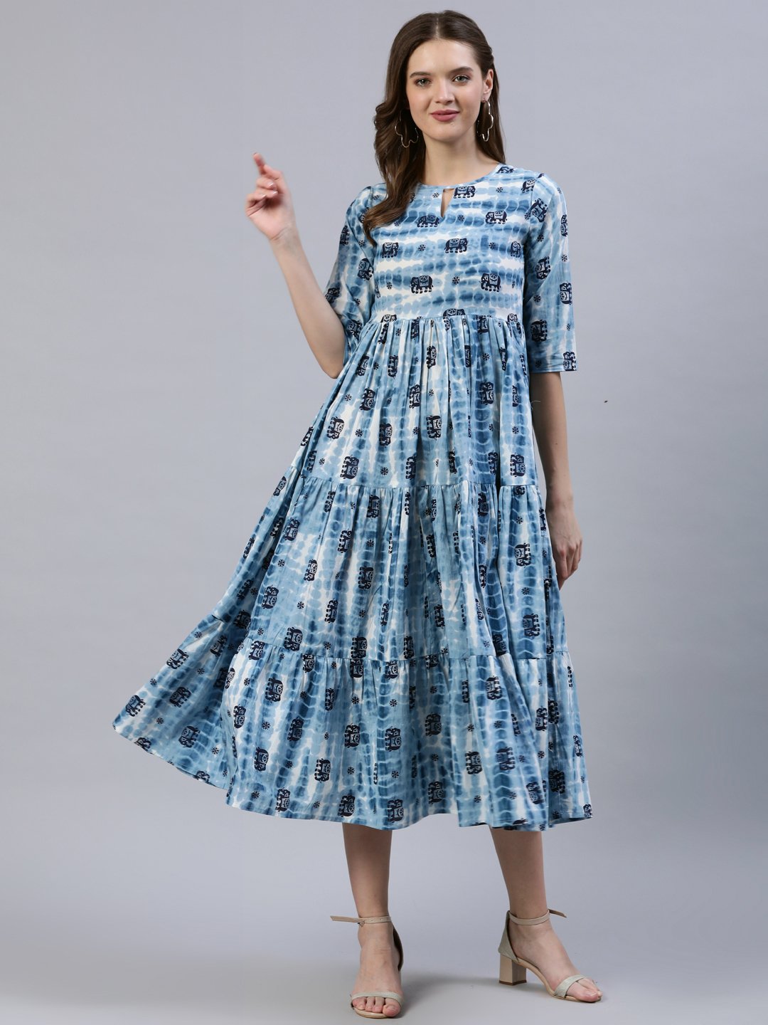 Women's  Blue Printed Tiered Dress With Three Quarter Sleeves - Nayo Clothing