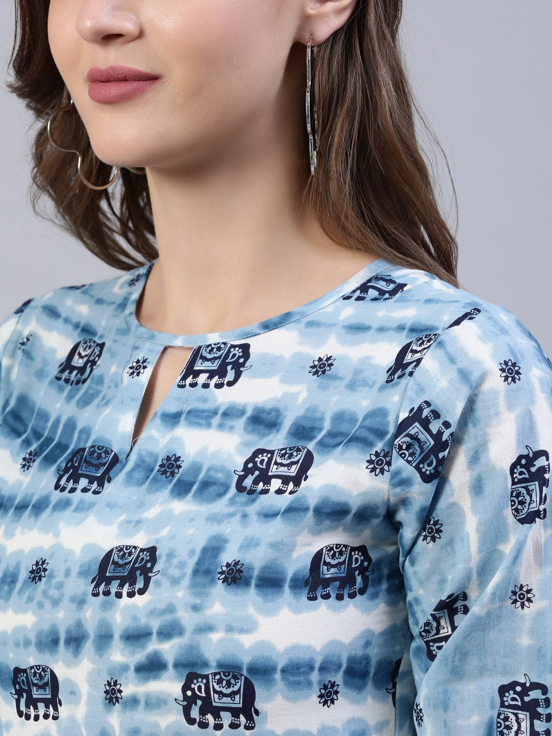 Women's  Blue Printed Tiered Dress With Three Quarter Sleeves - Nayo Clothing