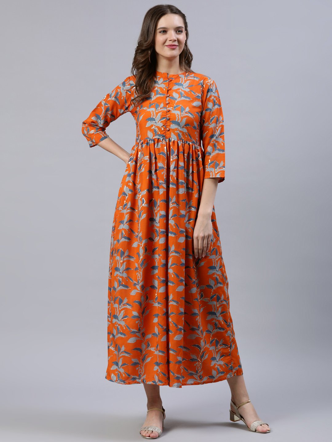 Women's  Orange Printed Dress With Three Quarter Sleeves - Nayo Clothing