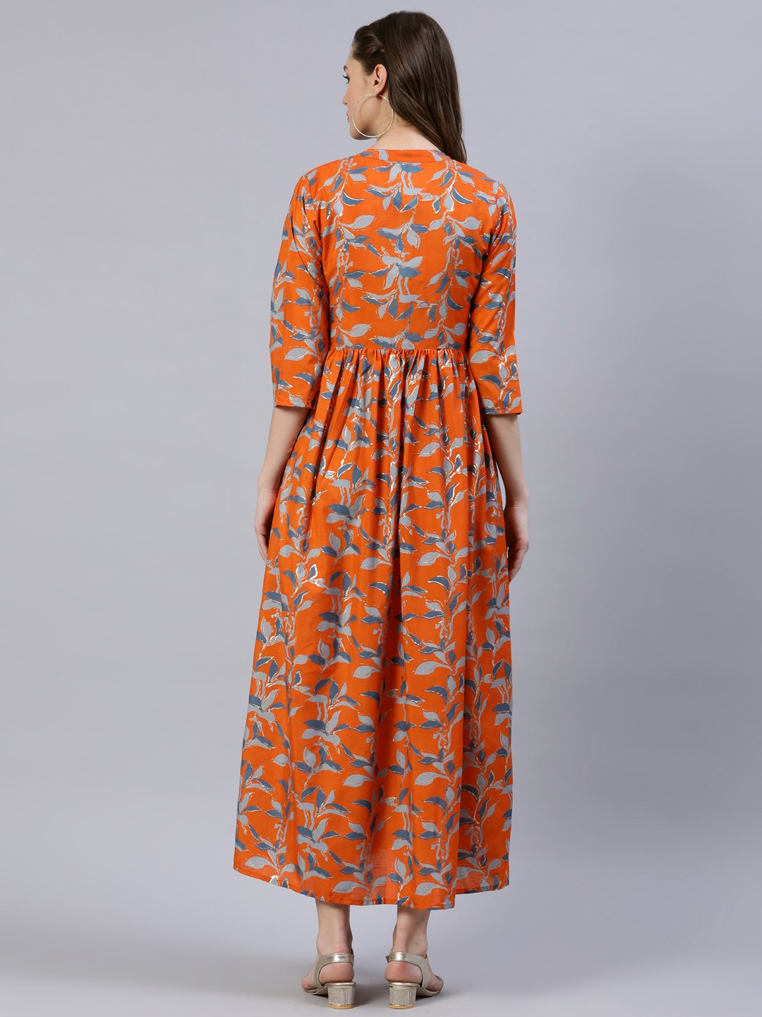Women's  Orange Printed Dress With Three Quarter Sleeves - Nayo Clothing