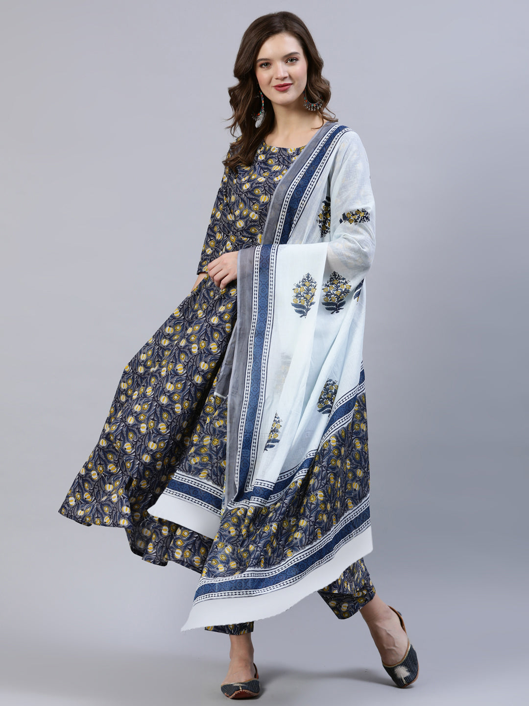 Women's Blue Printed Flared Kurta With Trouser & Dupatta - Nayo Clothing