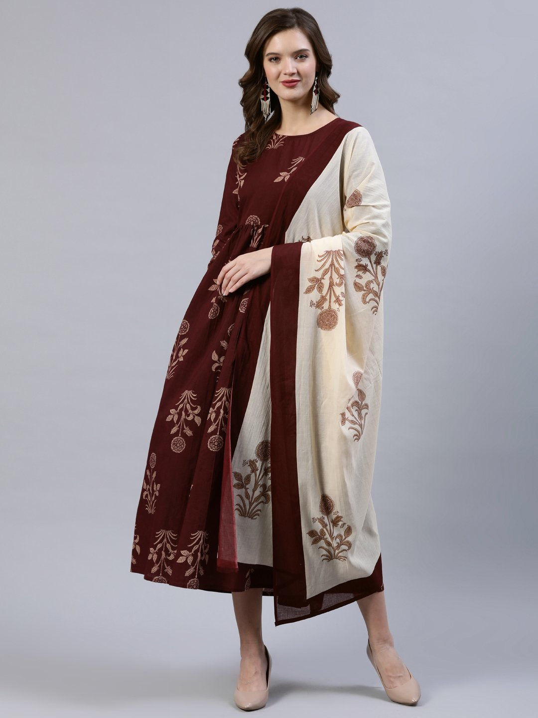 Women's  Brown Printed Dress With Dupatta - Nayo Clothing