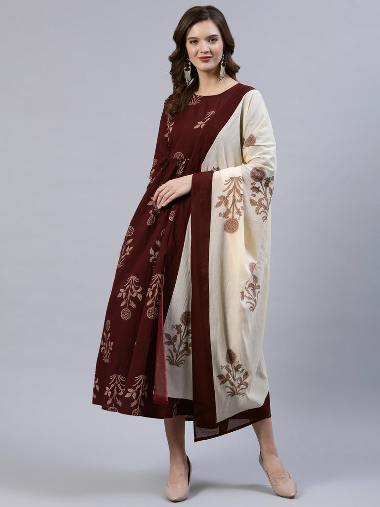 Women's  Brown Printed Dress With Dupatta