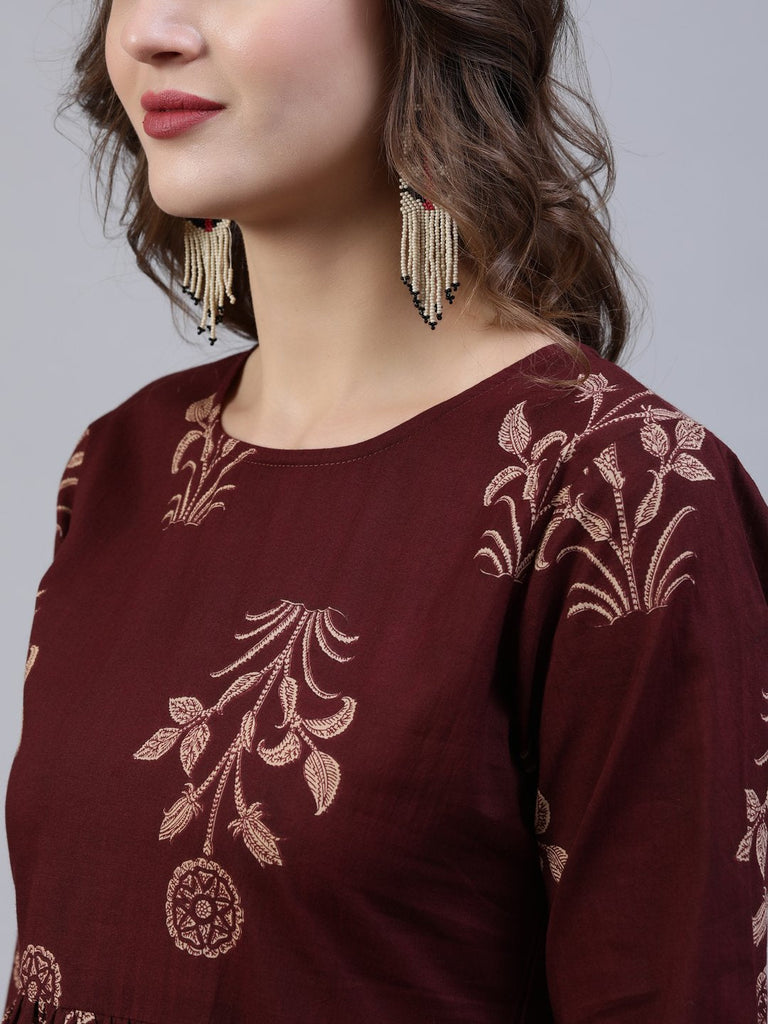 Women's  Brown Printed Dress With Dupatta
